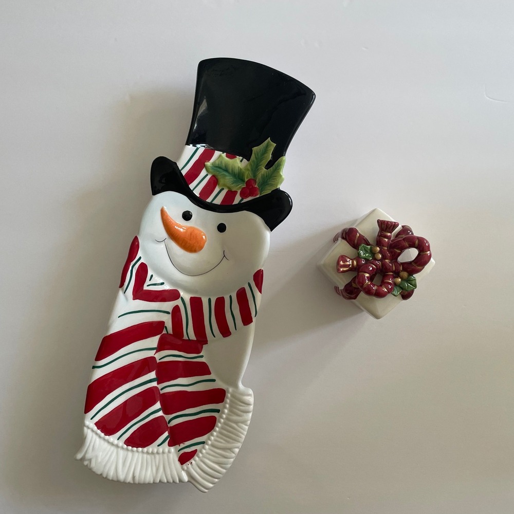Fitz and Floyd Snowman Holiday Snack Serving Plate Tray & Trinket Bow Box‎